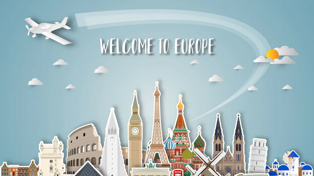 Paper-cut style illustration of European landmarks including the Colosseum, Big Ben, the Eiffel Tower, the Leaning Tower of Pisa and Santorini under a plane trail