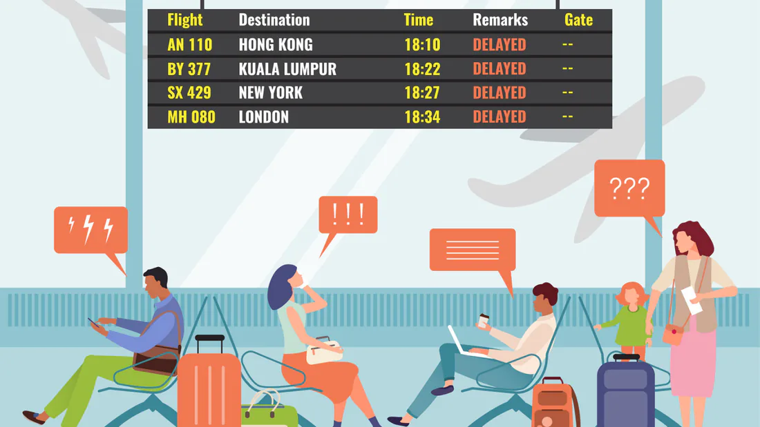 Illustration of an airport departure board showing four delayed flights while passengers wait with their luggage